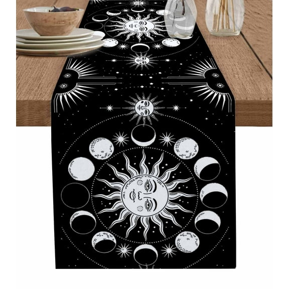Black White Boho Table Runner 90 Inches, Modern Abstract Bohemia Sun Moon Bed Runner Dresser Scarves Tabletop for Indoor Outdoor Parties/Ceremony/Banquet, 13" x 90"