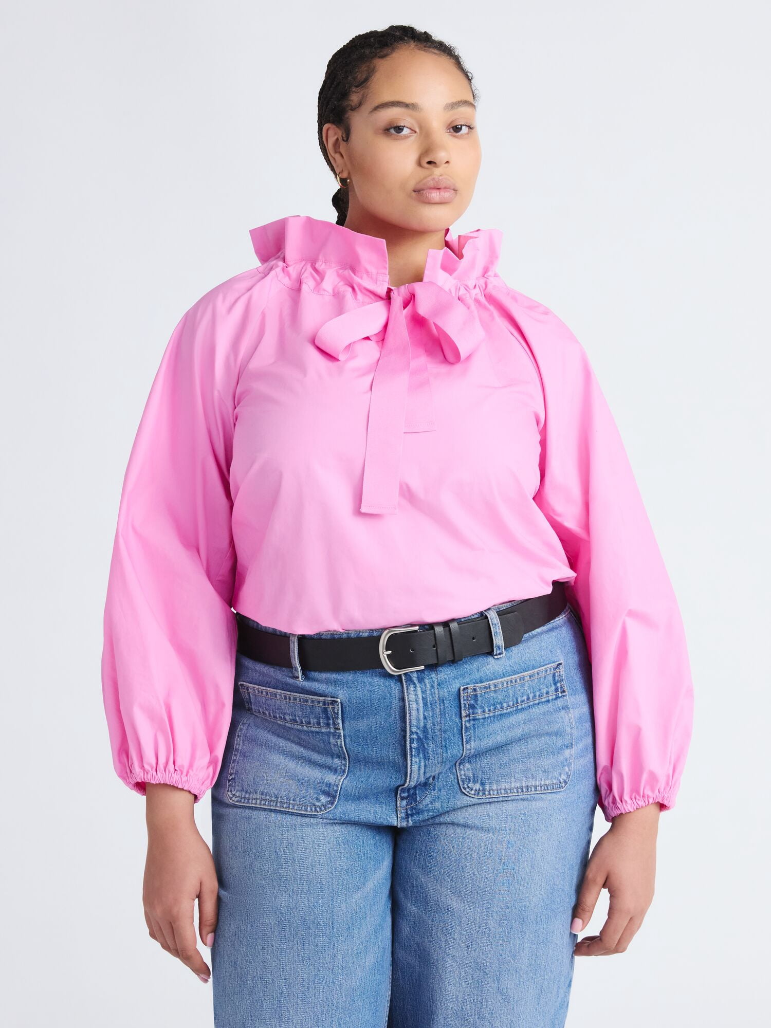 Free Assembly Women's and Women's Plus Size Ruffle Neck Cotton Top with Long Sleeves, XS-4X