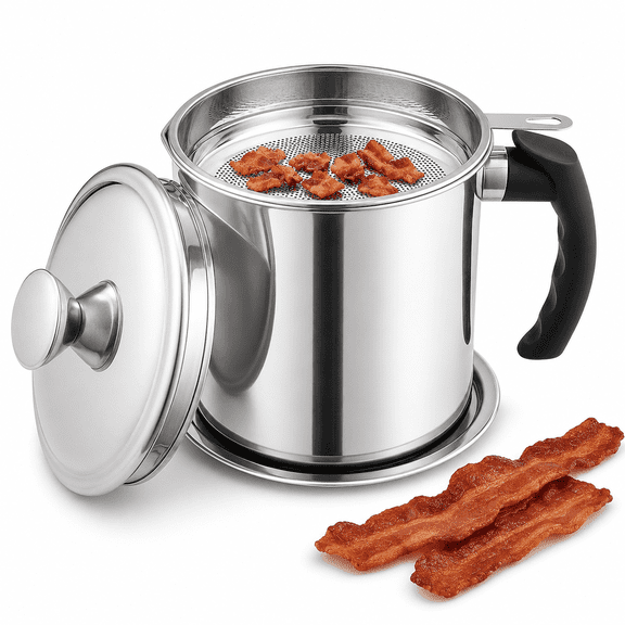 Bacon Grease Container With Strainer, 1.8L(60oz) Kitchen Stainless Steel Oil Container Can with Lid and Anti-slip coaster tray for Storing Frying Oil And Cooking Grease