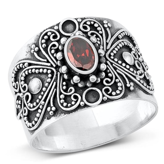 CHOOSE YOUR COLOR Bali Chunk Simulated Garnet Ring .925 Sterling Silver Band Red CZ Female Size 10