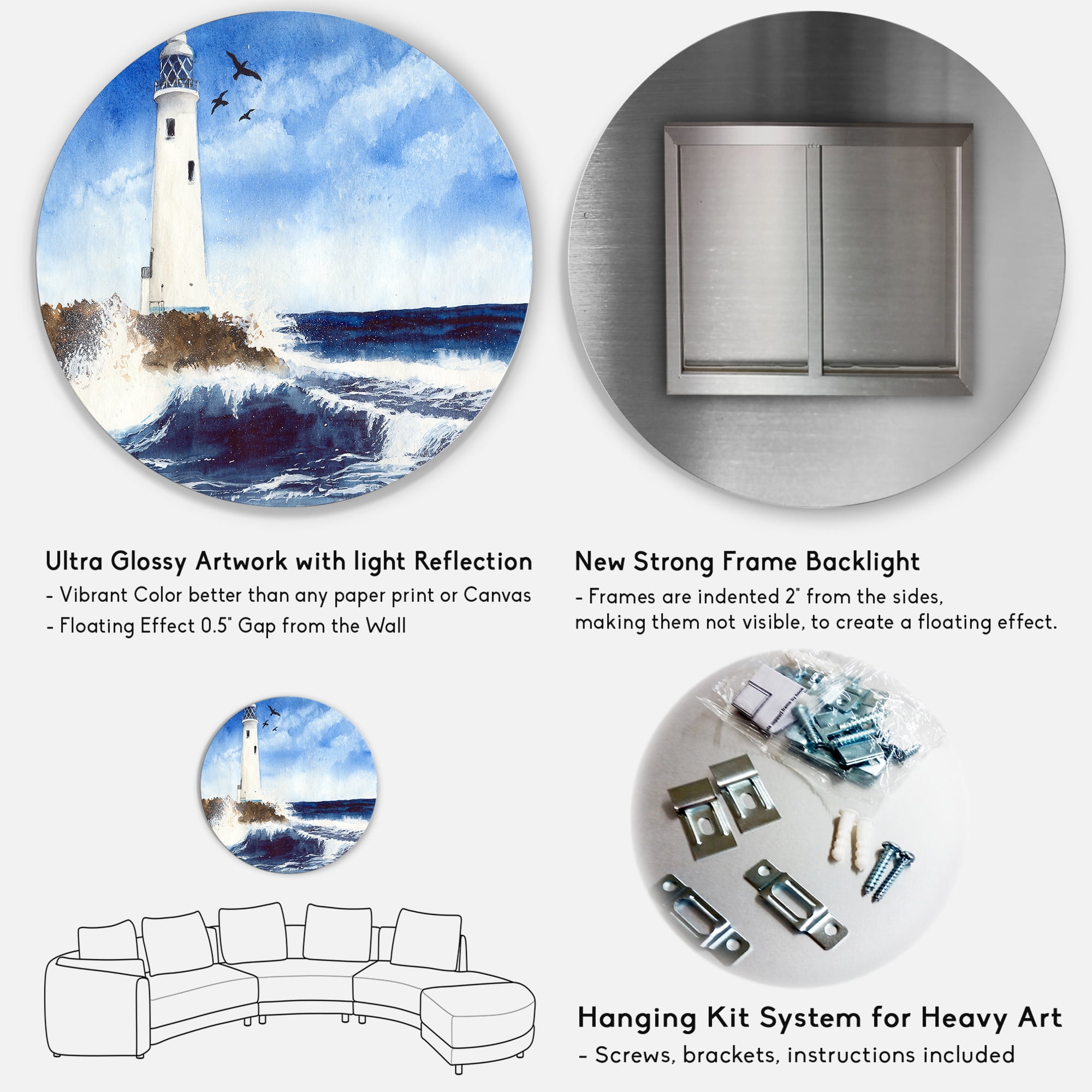 Designart 'Seagulls With Lighthouse On The Rocky Island' Nautical & Coastal Circle Metal Wall Art 29x29 - Disc of 29