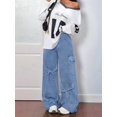 thumbnail image 4 of Women'S Ribbon Tie Detail Utility Style Jeans Casual Straight Wide Leg Denim Trousers Light Blue L, 4 of 9