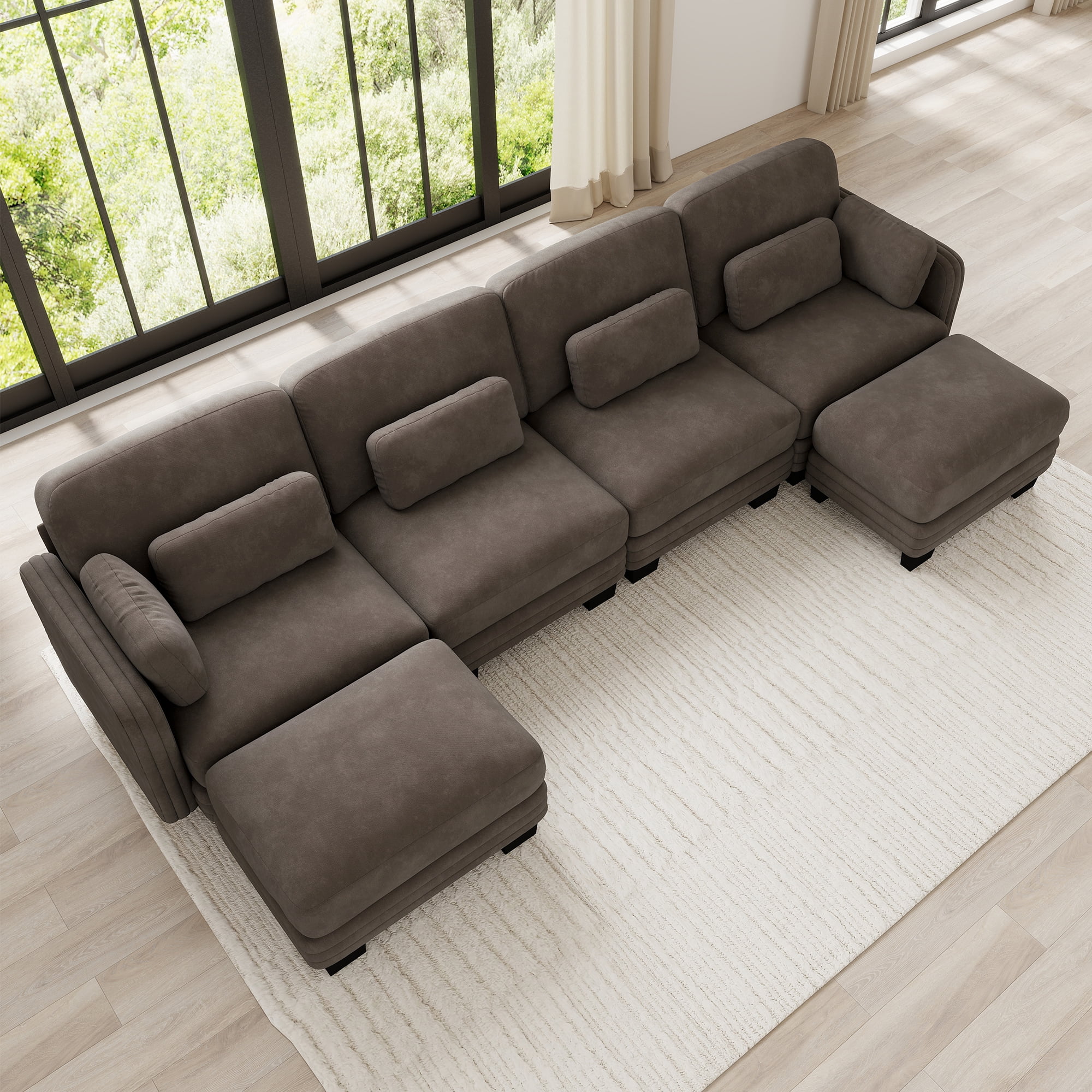 130" U-shaped Tufted Modern Modular Sectional 4 Seater Sofa Couch with 2 Ottomans and 6 Pillows