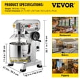 thumbnail image 3 of VEVOR Commercial Food Mixer, 20Qt Commercial Mixer with Timing Function, 750W Stainless Steel Bowl Heavy Duty with 3 Speeds Adjustable 108/199/382 RPM, Dough Hook Whisk, 3 of 9