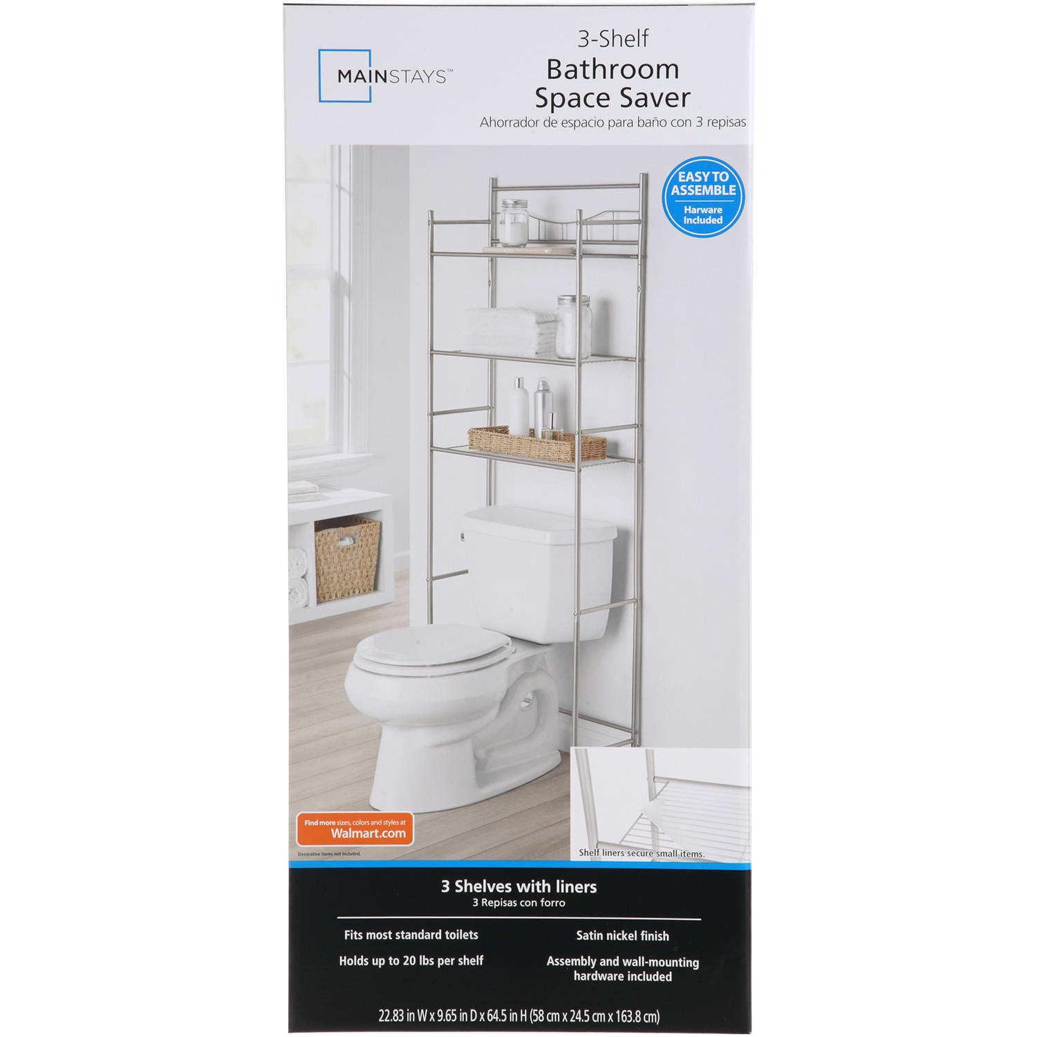 Mainstays 3-Shelf Bathroom over the Toilet Space Saver with Liner, Satin Nickel for Adults - image 8 of 8