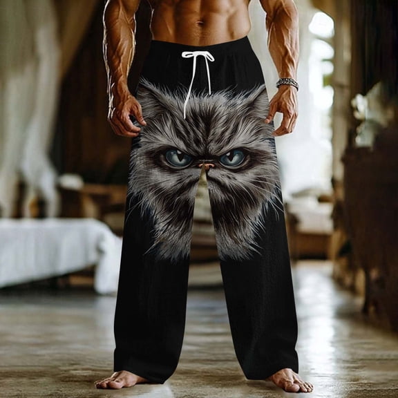 Xdegoge Pajama Pants for Men 3D Cat Face Print Graphic Lounge Bottoms Elastic Waist Drawstring Relaxed Fit Casual Trousers Sleepwear Novelty Home Wear