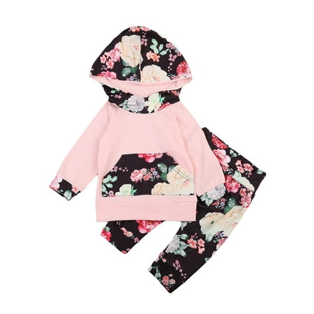 

Lazybaby Newborn Infant Baby Girls Outfit Long Sleeve Hoodies Floral Print Long Pants Clothes Set
