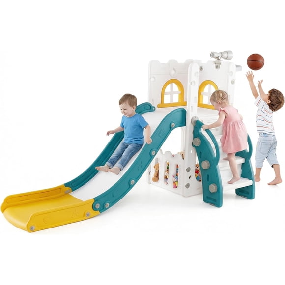 OLAKIDS Toddler Slide, 6 in 1 Kids Indoor Outdoor Playground with Climber Basketball Hoop Telescope Toy Storage for Boys Girls Aged 1+