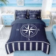 thumbnail image 3 of Manfei Minimalist Navy Compass Stripe Bedding Comforter Set for Kids Boys and Girls, Nautical Marine Print King Bedding Sets, Navy Reversible 7pcs, 3 of 6