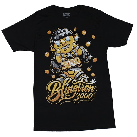Hearthstone Mens T-Shirt - Blingtron 3000 Golden Blinged Out Guy Image (Small, Black)