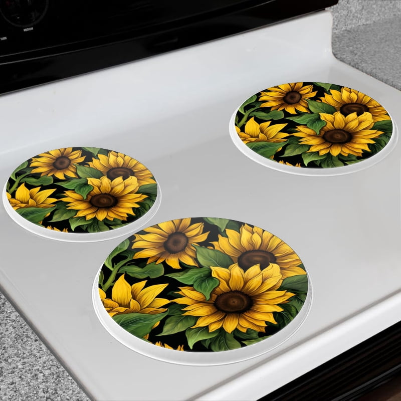 Bahomeck Electric Stove Burner Covers Set Of 4,Seamless Pattern Of Sunflowers With Green Leaves On Black Background Metal Gas Stove Burner Covers,Protecting Gas Stoves,8 Inch And 10 Inch