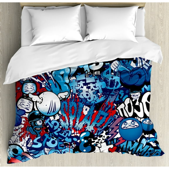 Modern Decor Queen Size Duvet Cover Set, Teenager Style Image Wall Street Graffiti Graphic Colorful Design Artwork, Decorative 3 Piece Bedding Set with 2 Pillow Shams, Multicolor, by Ambesonne