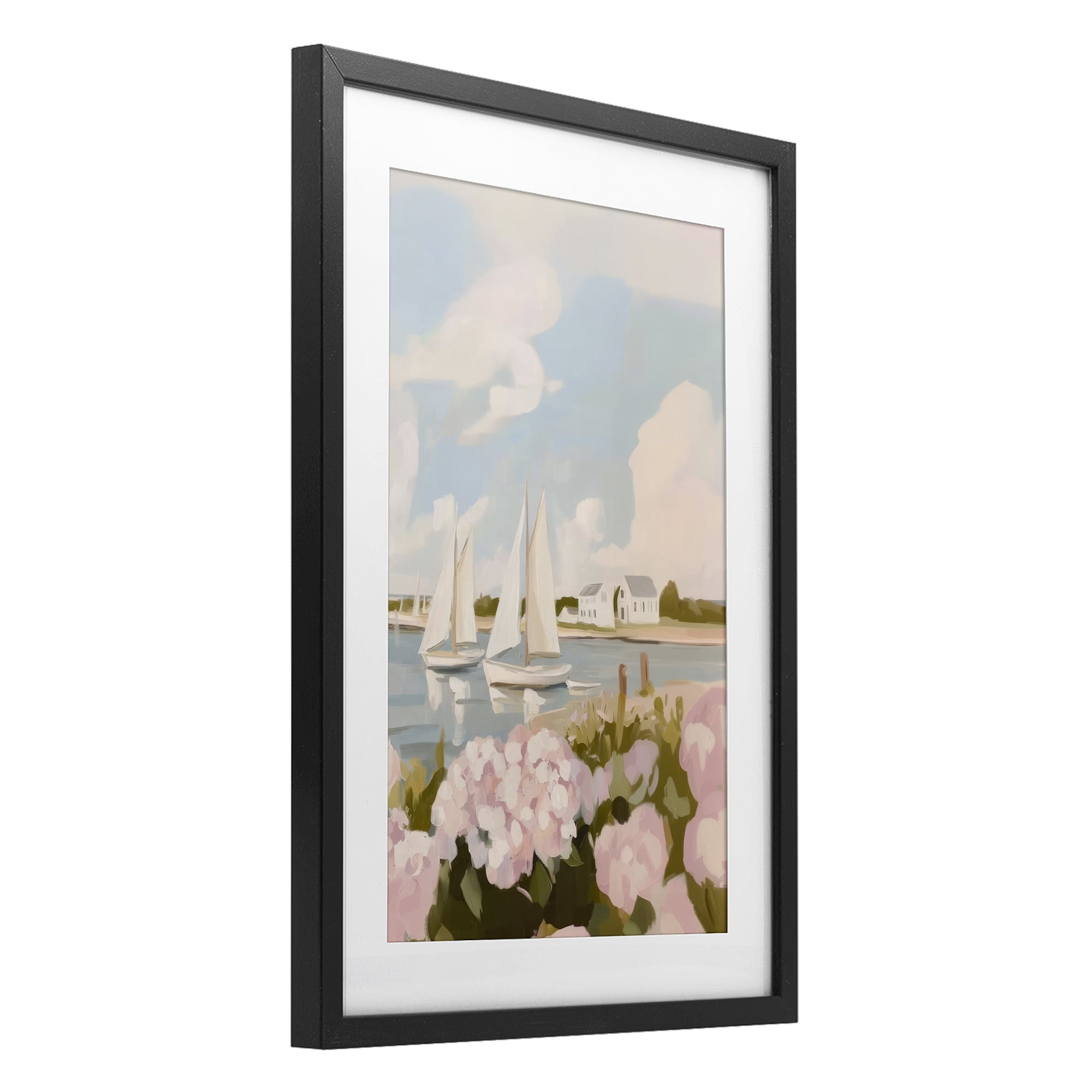 Stupell Industries Pink Hydrangeas with Sailboats Black Framed Print Under Glass, design by Sisi and Seb