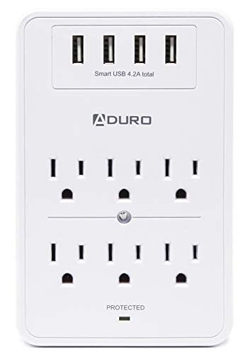White Wall Mount Multiple Outlet Splitter Extender Adapter with Phone Shelf Stand ETL Listed 4 Ports 4.8A Aduro Surge Protector 6 Outlets Power Strip Station with USB 