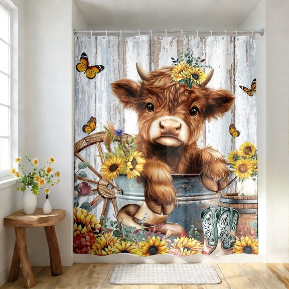 XQWJWLA Cute Highland Cow Shower Curtain, Farmhouse Floral Highland Cow Shower Curtains for Bathroom, Rustic Artistic Waterproof Fabric Shower Curtain Set, 70x70 Inch(Sunflower)