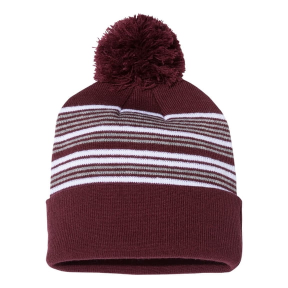 Sportsman Striped Pom-Pom Cuffed Beanie 12" Acrylic/Polyester Soft Winter Hats Cuffed Knit Beanie (Maroon/ White/ Grey, One Size)