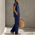 thumbnail image 6 of Idoravan womens 2 piece sets casual sets Women Linen Two Piece Set Short Sleeve Stand Collar Shirt And Wide Leg Pants Casual Summer Outfit, 6 of 8