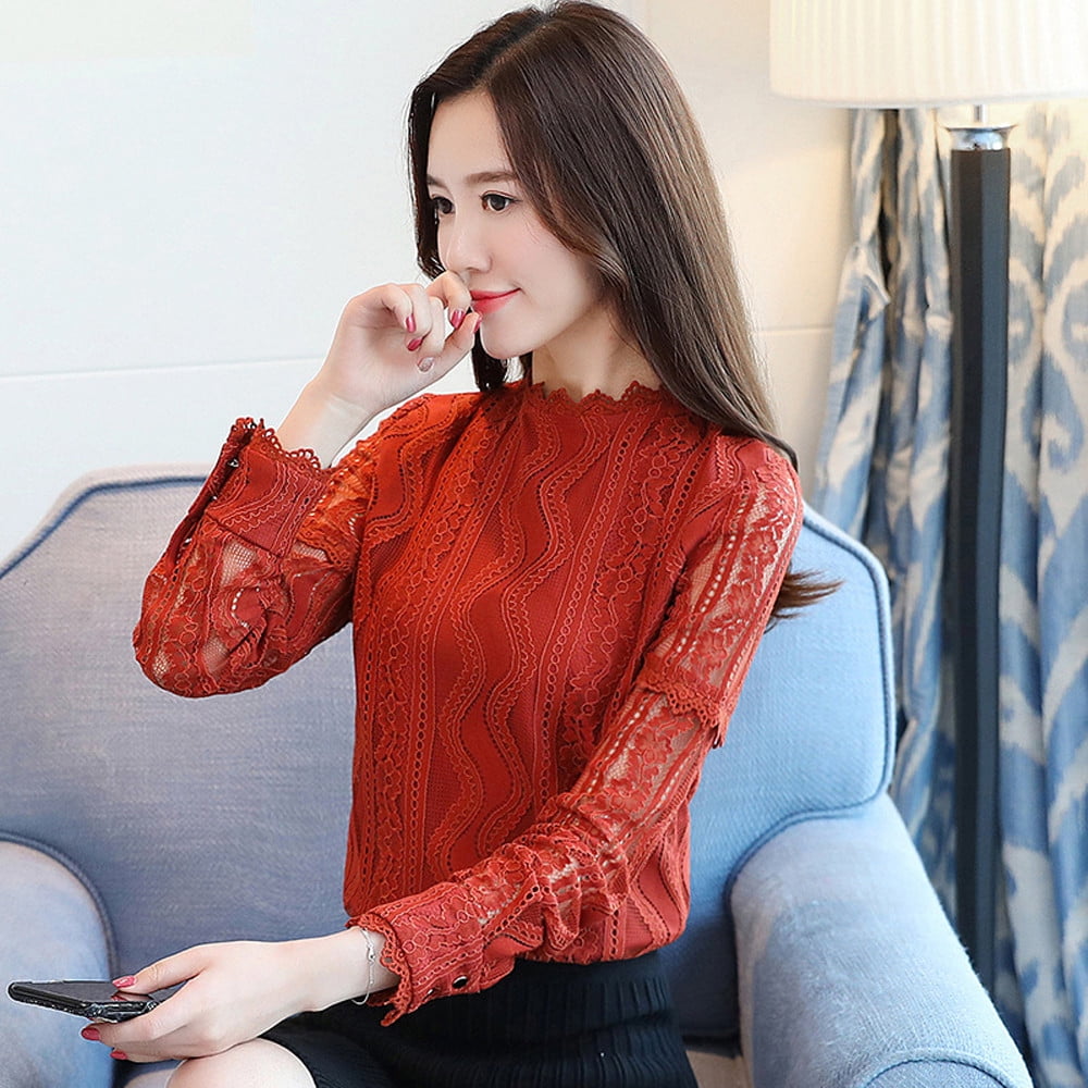 Ladies Elegant Office Lace Striped Floral Long Sleeve Slim Work Shirt Top Blouse