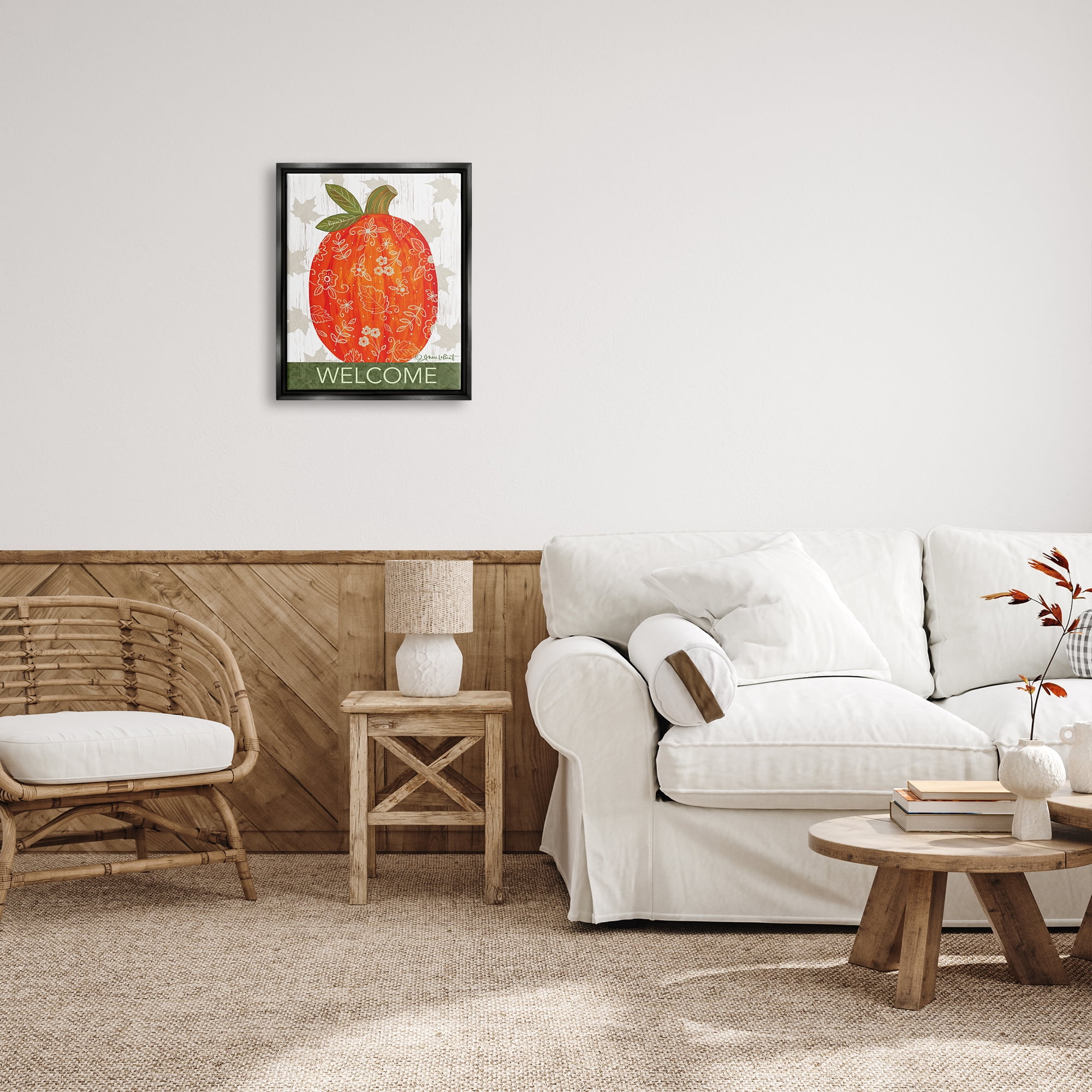 Stupell Industries Patterned Autumn Botanicals Pumpkin Welcome Sign Graphic Art Jet Black Floating Framed Canvas Print Wall Art, Design by Annie LaPoint