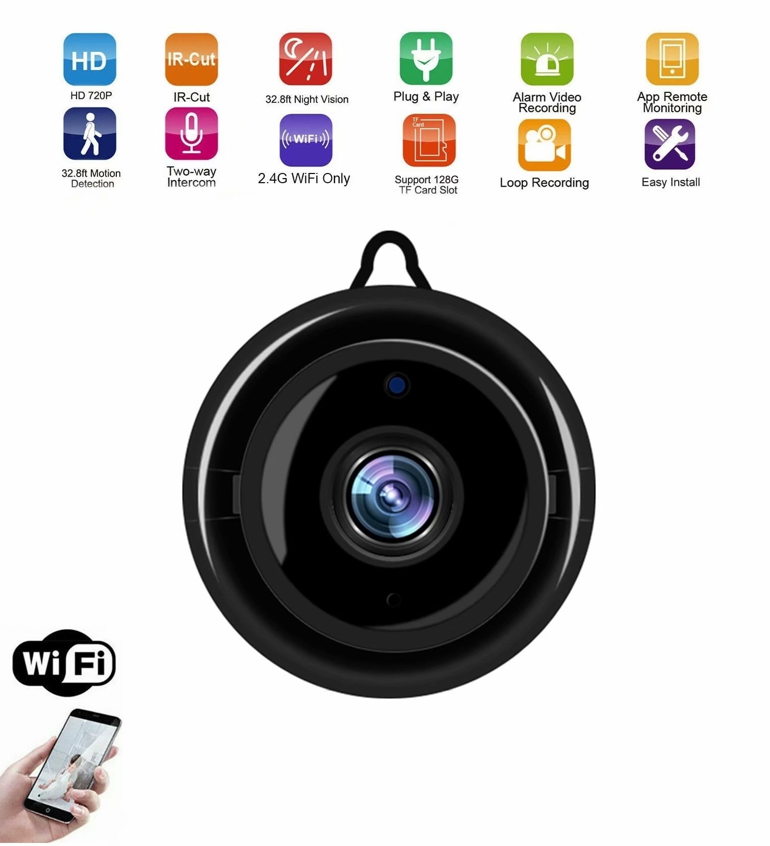 1080P Smart Home Mini WiFi Camera, Wireless Indoor IP Camera for Pet