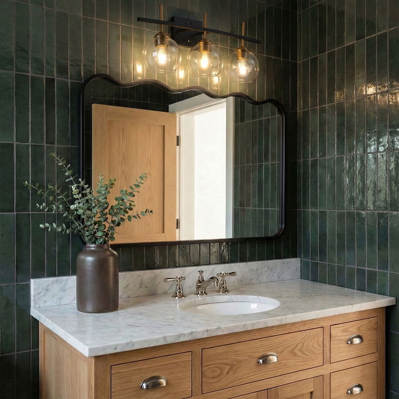 Modern 3-Light Vanity Light | Black & Gold Bathroom Light Fixture with Glass Shades | Industrial Wall Sconce for Bathroom, Vanity, Hallway