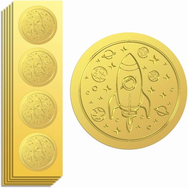 Pegatinas de lámina dorada con relieve de cohete de 2 pulgadas, 100 unidades, autoadhesivas, doradas, para relieve