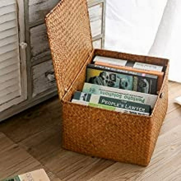 GAFRBALLV Handmade Wicker Storage Basket with Lid, Woven Rattan Seagrass Laundry Basket, Sturdy Metal Frame, Stylish Organizer for Toys, Pantry, Bathroom – 26x16x10cm