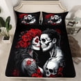 thumbnail image 2 of Sugar Skull Queen Bed Sheets Set,Gothic Skeleton Floral Sheet Set,Romantic Death Love Sheets,Spooky Rose Valentine'S Day Flat Fitted Sheet for Couple Women Men, 2 of 6