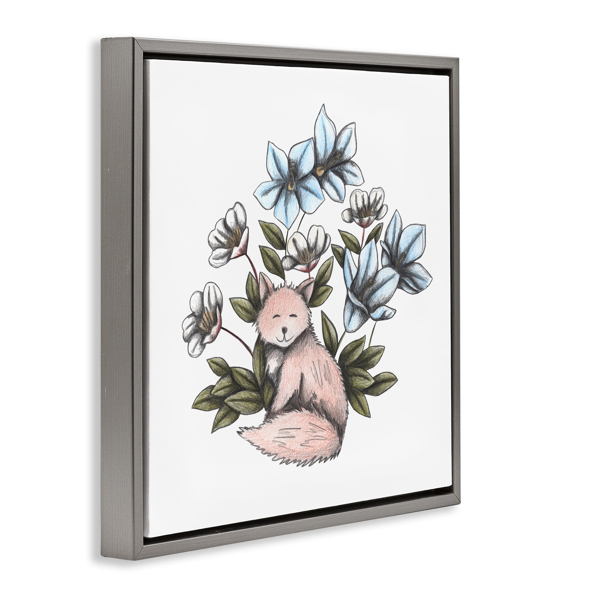 Gentle Fox with Flowers Gray Framed Floater Canvas Wall Art, design by Cecilia Battaini