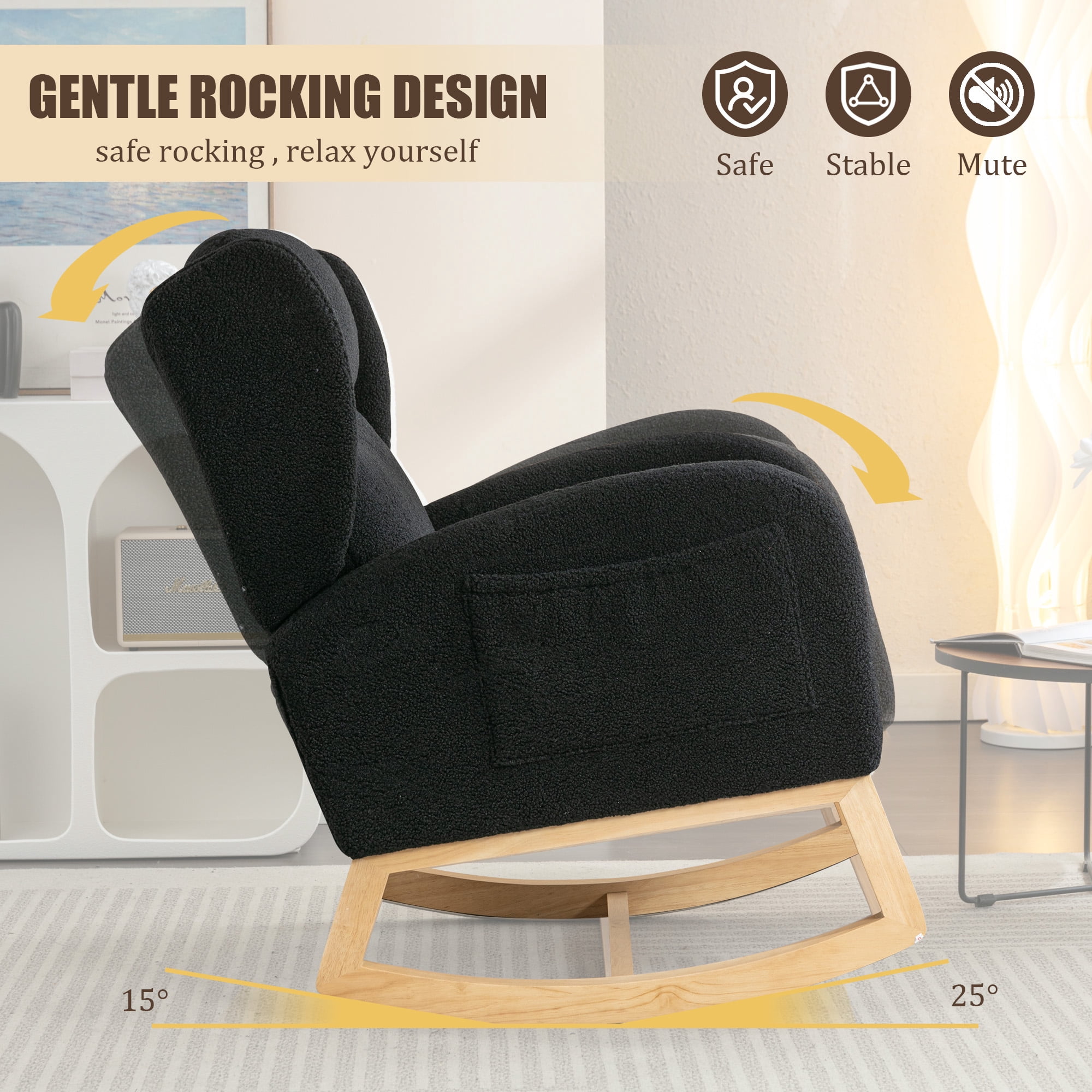 FFH Rocking Chair, Nursery Rocker with Side Pocket, Teddy Black