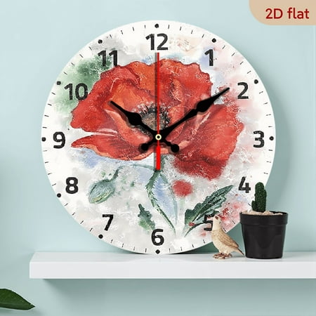 2D Flat 1pc 10Inch A vintage wooden decorative wall clock, red poppy oil painting design wall clock, silent silent quartz clock, Living Room Bedroom, florist decorative wall hang
