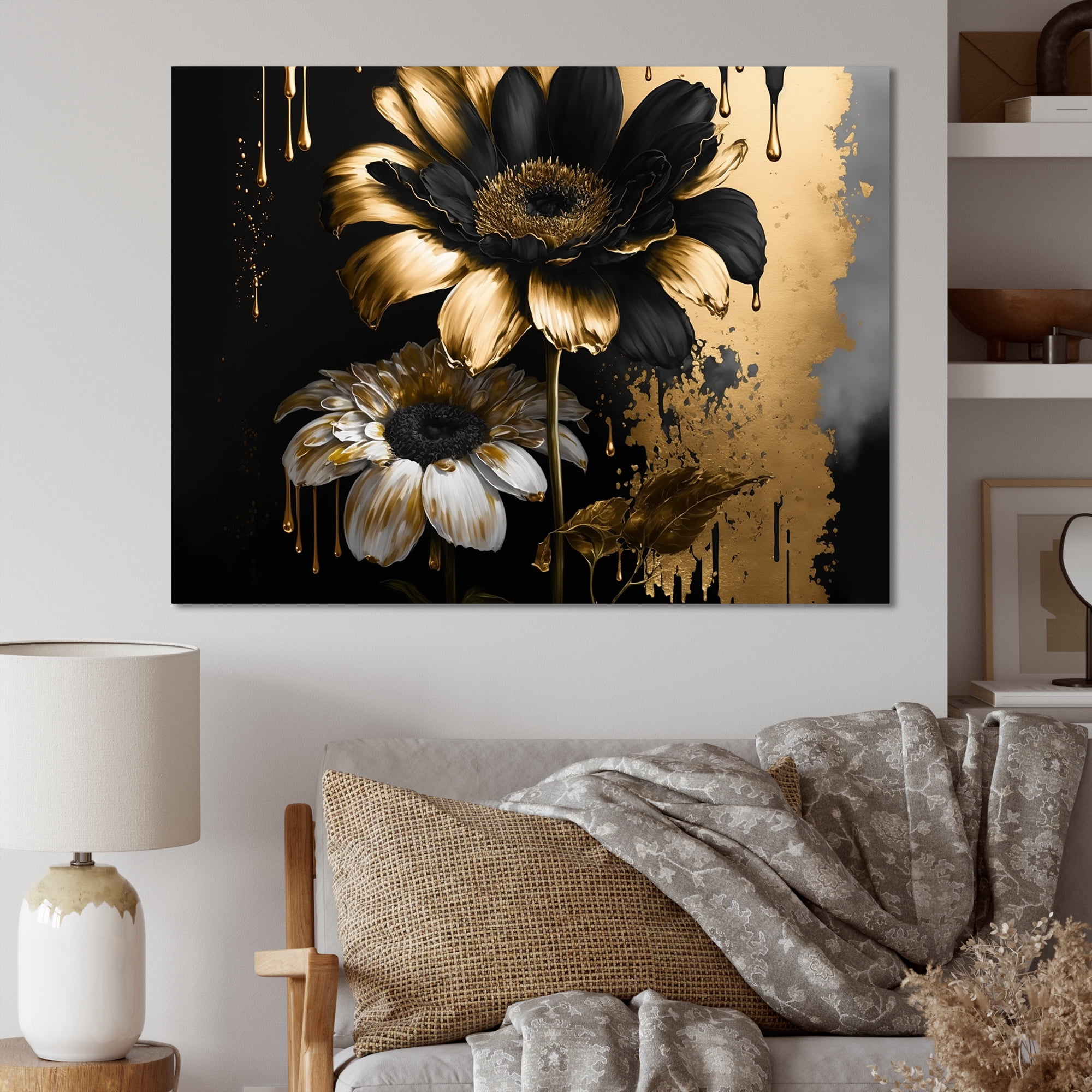 Designart Black And Gold Daisy II Canvas Wall Art