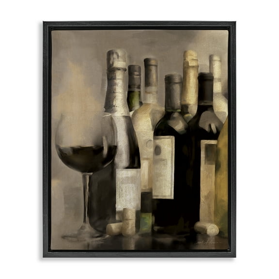 Stupell Industries Wine Glass with Bottles Food & Beverage Painting Black Floater Framed Canvas Art Print Wall Art, 17 x 21