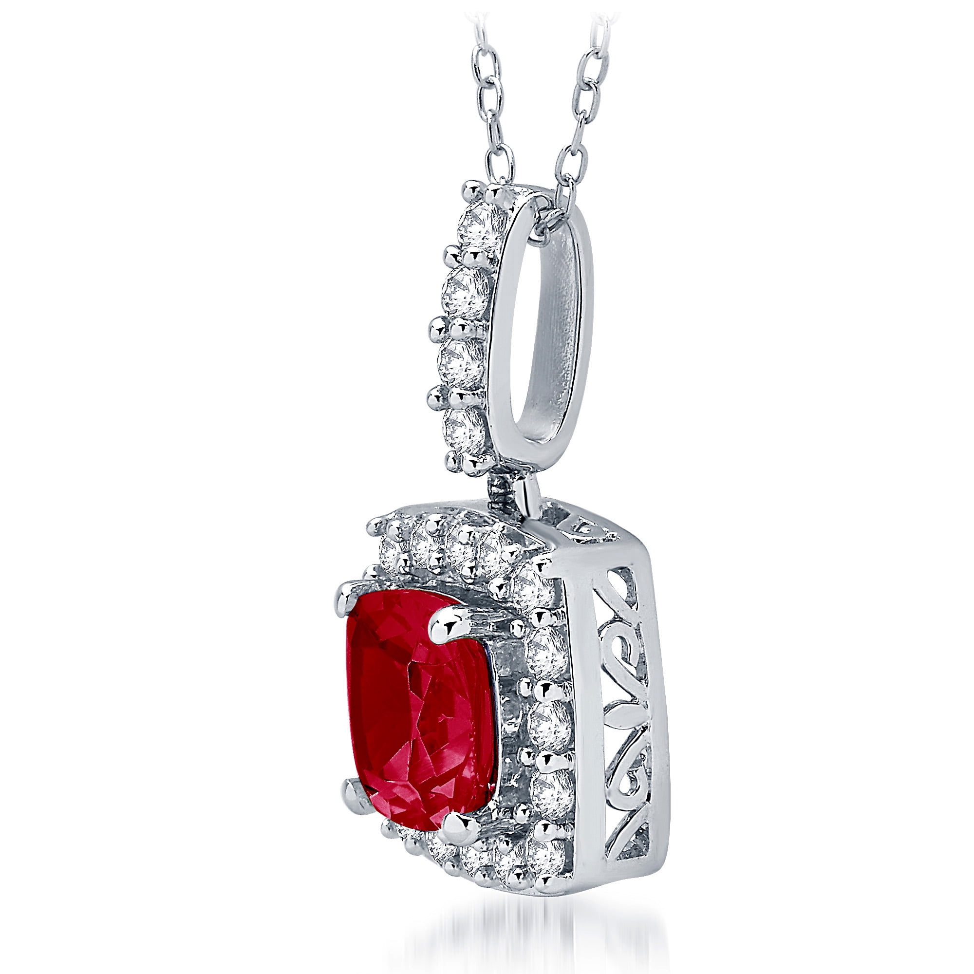 Arista Created Ruby and White Sapphire Women's Halo Pendant in Sterling Silver, 18"