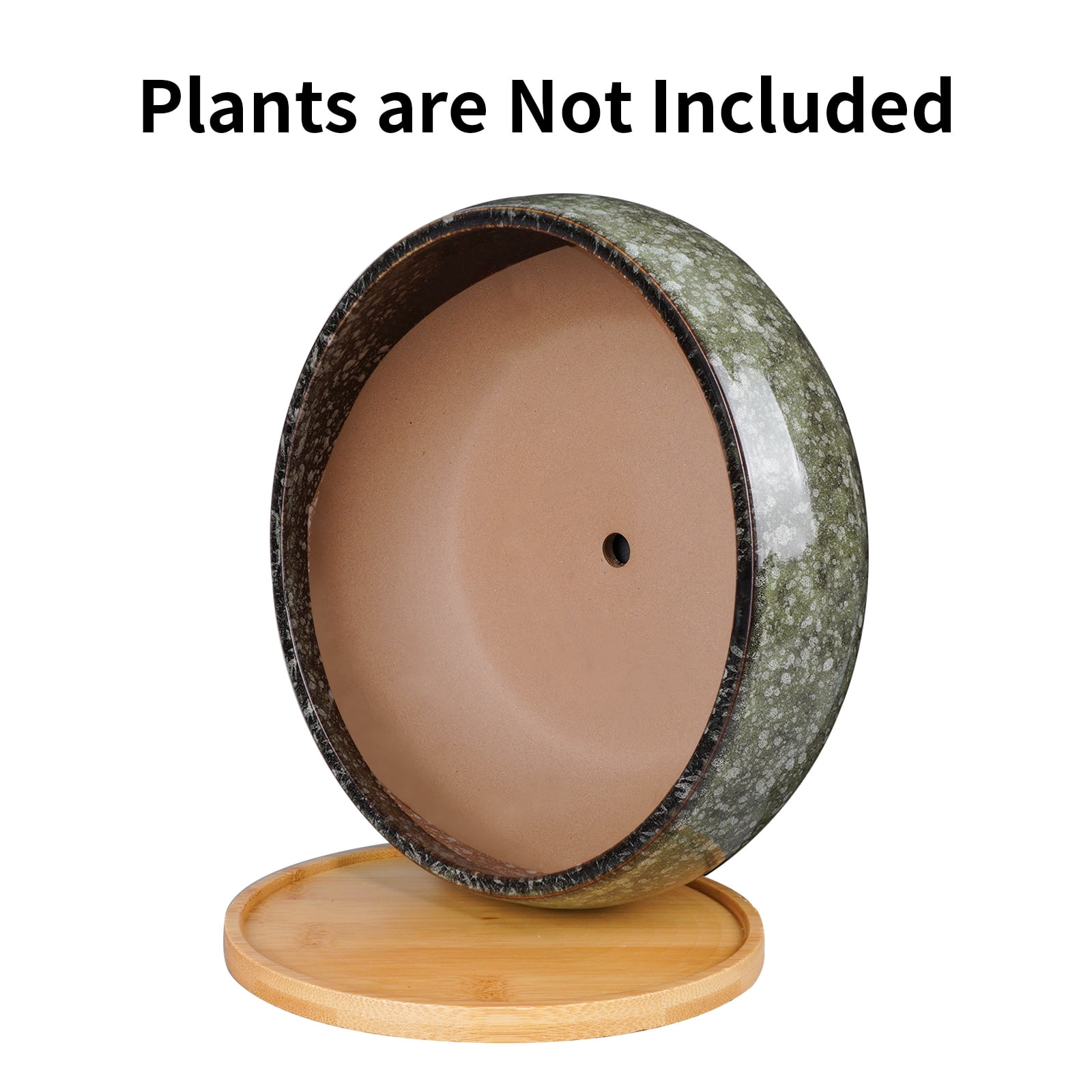 Ordivic 8  inch Green Ceramic Planter with Drainage Hole & Saucer,Shallow Plant Pots for Bonsai Trees Cacti Housewarming Gift Home Decor