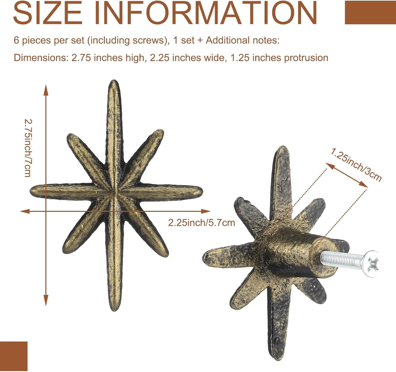 6 Set Unique Antique Gold Cast Iron Drawer Pulls & Cabinet Knobs, 8-Pointed Star Add Mid-Century Modern Charm to Your Decor with Elegant Burst Design