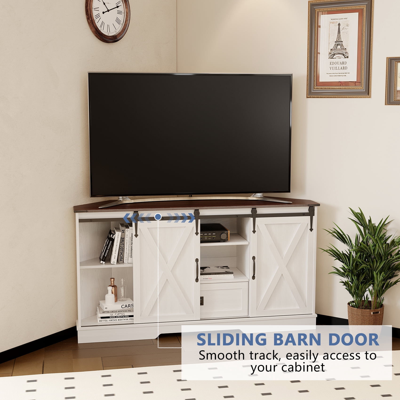 Melidee Corner TV Stand for 65 Inch TV, Sliding Barn Door Entertainment Center with Storage, 58" W x 15.7" D x 31" H, White