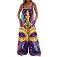 thumbnail image 4 of Women's Carnival Print Wide-Leg Overalls - Casual Loose Sleeveless Button Suspender Pants With Pockets, Dark Purple Size S, 4 of 6