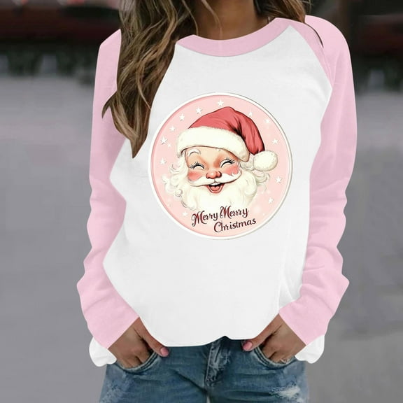 Ailaofu Merry Christmas Sweatshirt Women Xmas Santa Pink Tree Christmas Snowflake Print Long Sleeve Lightweight Top Shirts