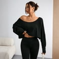 thumbnail image 5 of Womens Off Shoulder Long Sleeve Crop Tops Sexy Boat Neck Loose Casual T Shirt Black M, 5 of 6