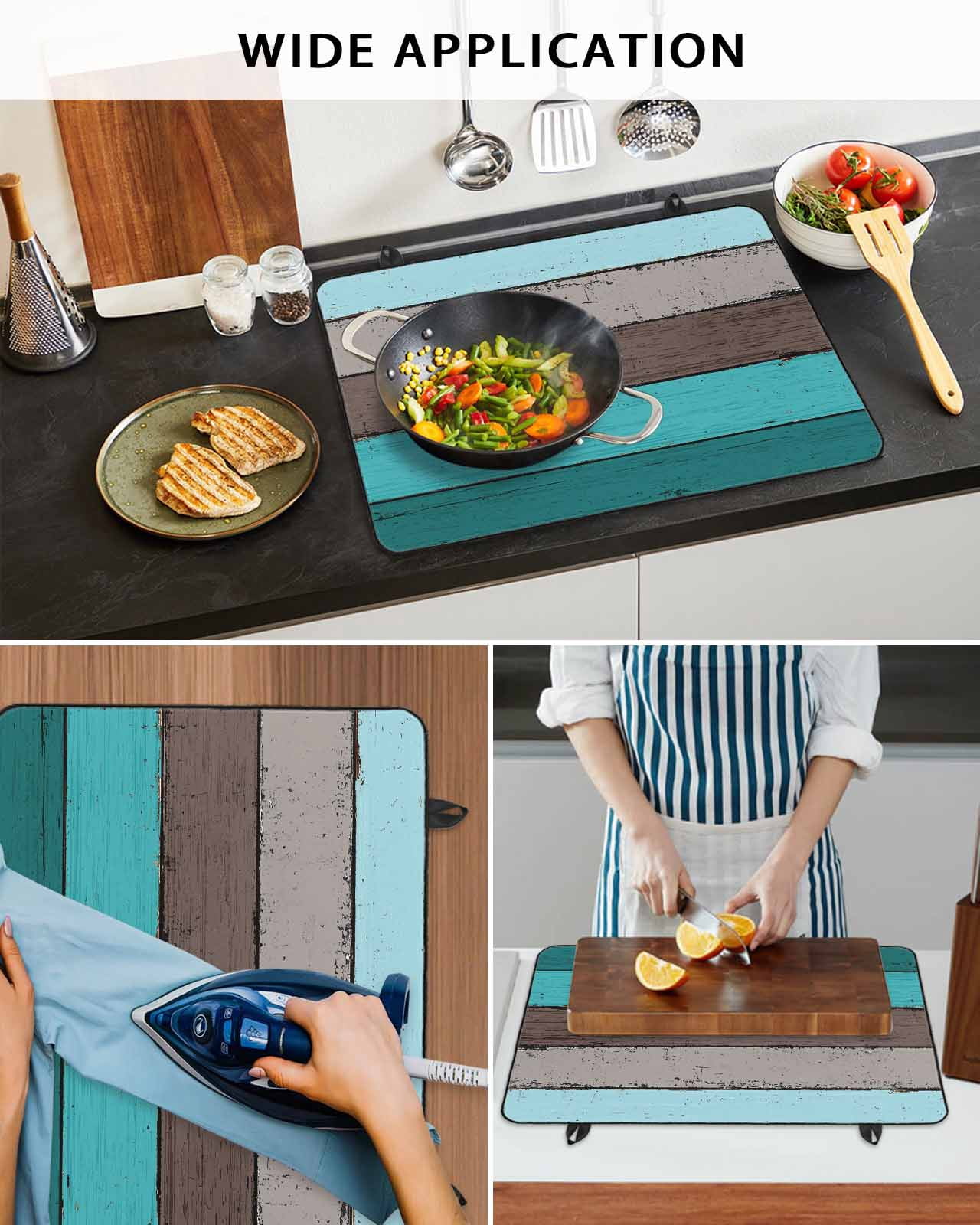 nqOlkjepod Large Induction Cooktop Protector Mat 24"x21", Aqua Grey Stove Top Covers for Electric Stove, Vintage Stripe Farmhouse Wood Grain Ombre Stove Burner Cover Mats, Glass Top Stove Cover