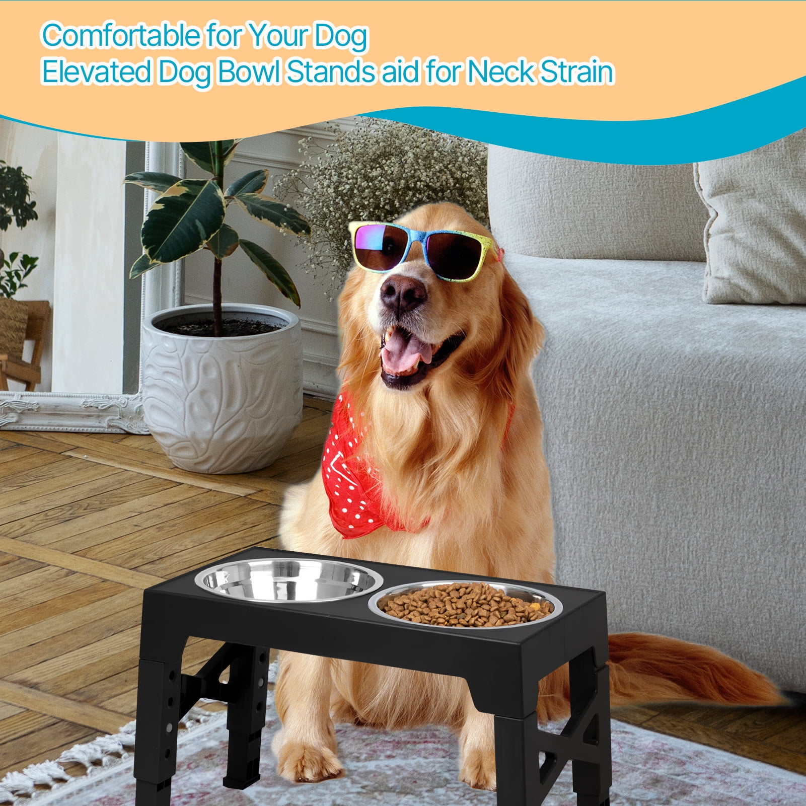 ZALALOVA Elevated Dog Bowls Stand with 2 Stainless Steel Dishes 1 Slow Feeder Dog Bowl, Raised Dog Bowl Adjusts to 5 Heights (3.15",8.9'',10",11.2'',12.4") for Medium and Large Dogs(Black)