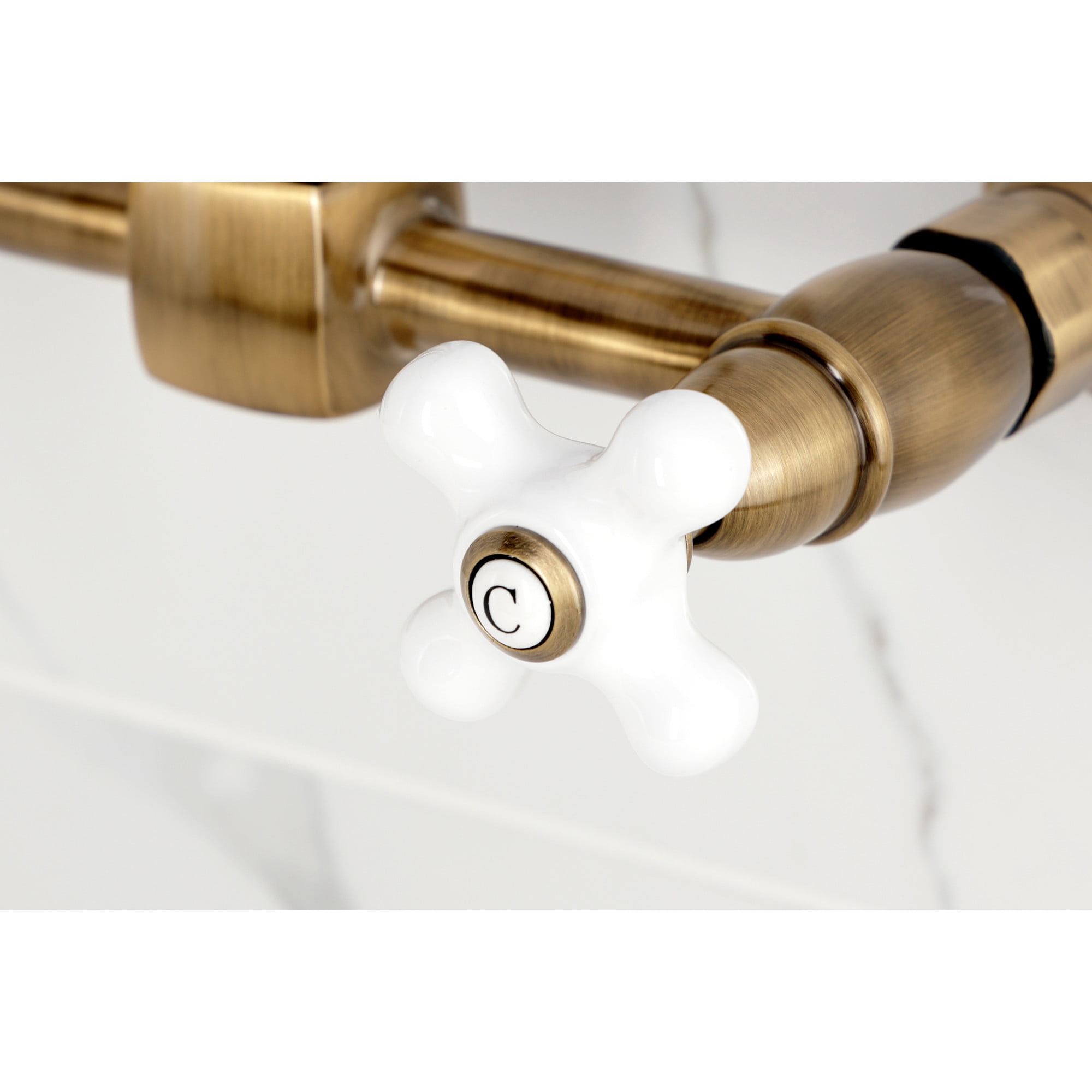 Kingston Brass KS2443PX Heritage Double-Handle Wall-Mount Bridge Kitchen Faucet, Antique Brass