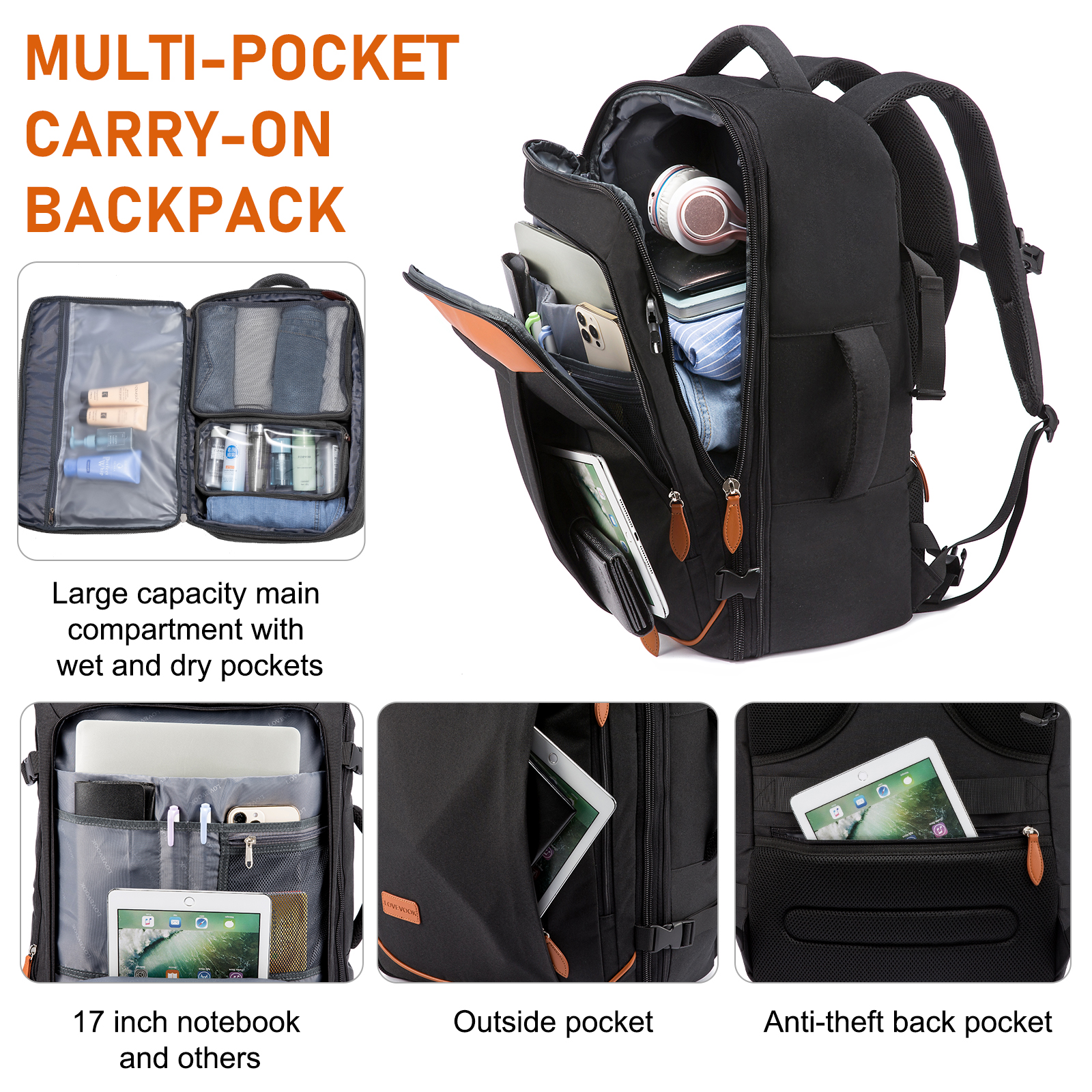 LOVEVOOK College School Backpack, 40L Expandable Carry On Luggage Backpack Flight Approved, Large Waterproof Hiking Outdoor Overnighter Bag for Men Women (Black )