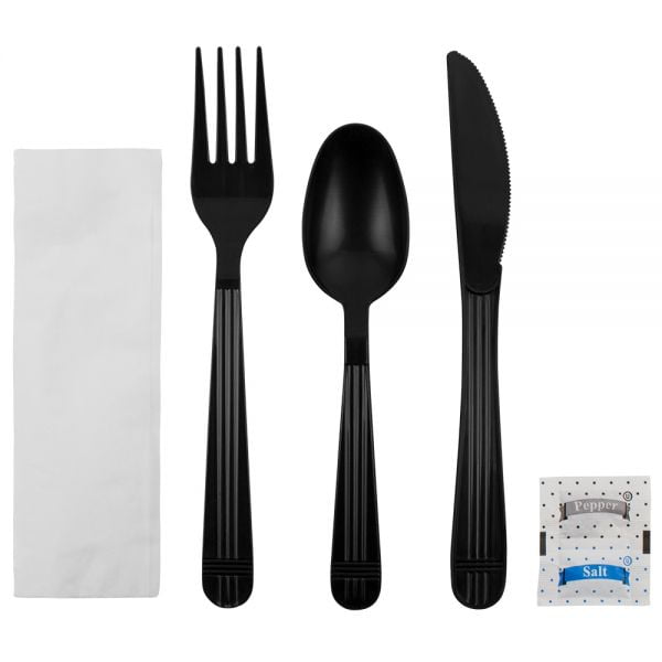 Karat PP Plastic Heavy Weight Cutlery Kits with Salt and Pepper Black