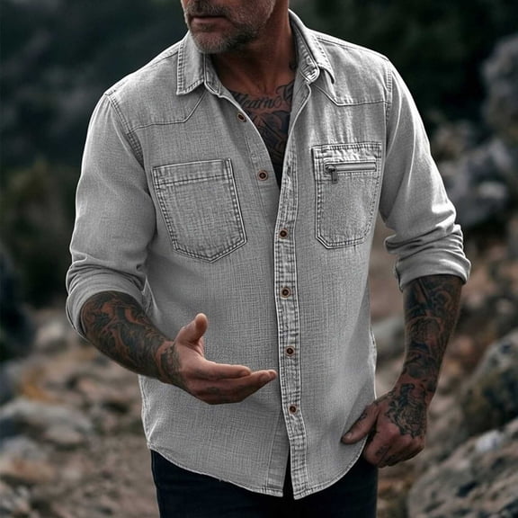 Men's Button Down Shirts Black Big and Tall Long Sleeve Solid Turndown Collar Casual Button Front Zipper Blouse
