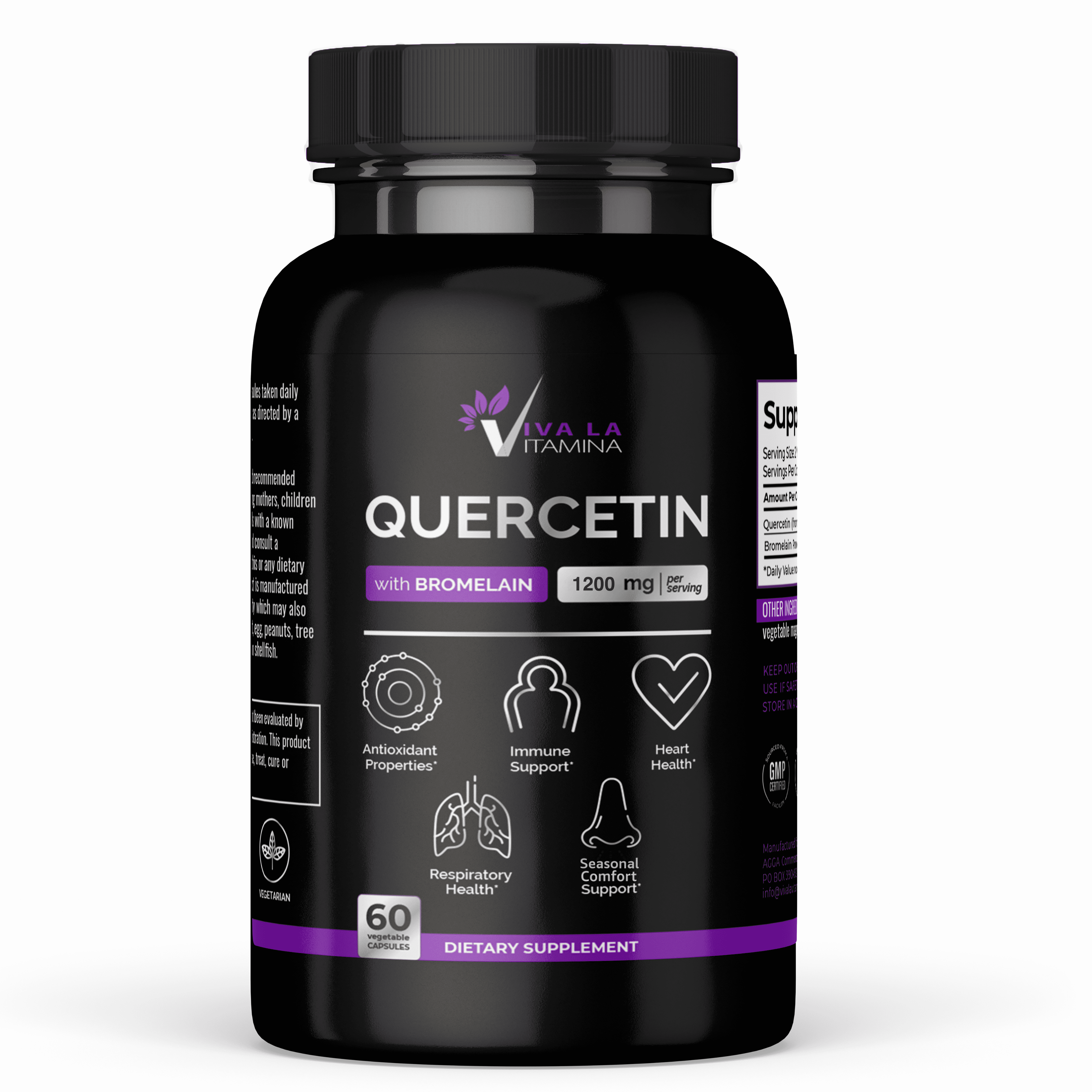 Quercetin with Bromelain Supplement 1200mg per Serving – High-Strength Quercetin and Bromelain Powder Supplements – Potent Antioxidant for Immune Support, Cardiovascular & Respiratory Health (60 Caps)