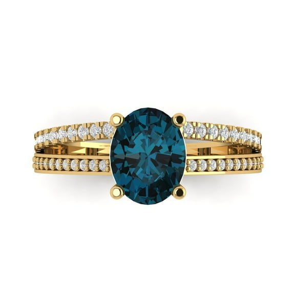 2.32 ct Oval Cut Natural London Blue Topaz Solitaire with Simulated Diamond Accents 14K Yellow Gold Womens Engagement Ring