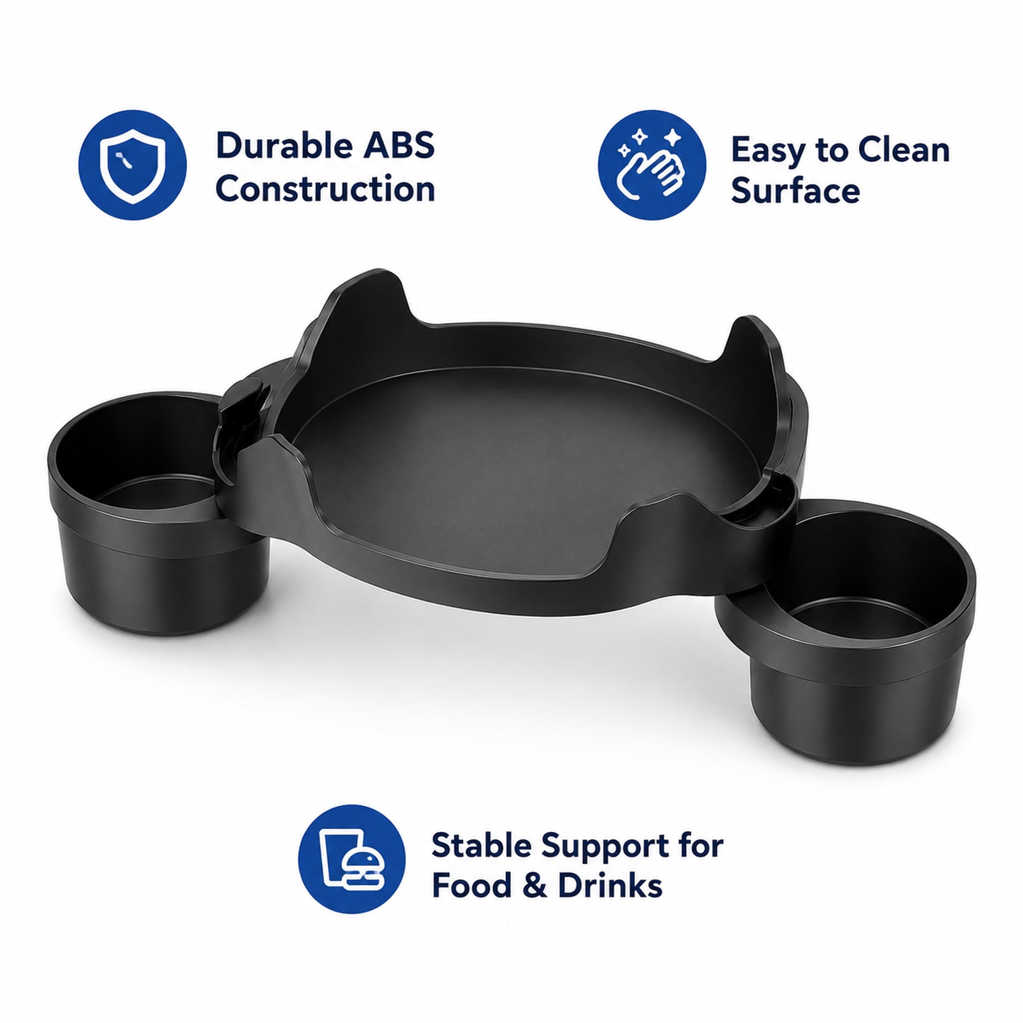 Black Adjustable Car Cup Holder Tray – Food and Drink Organizer with Dual Cup Holders, Snack Surface, and Swivel Arm