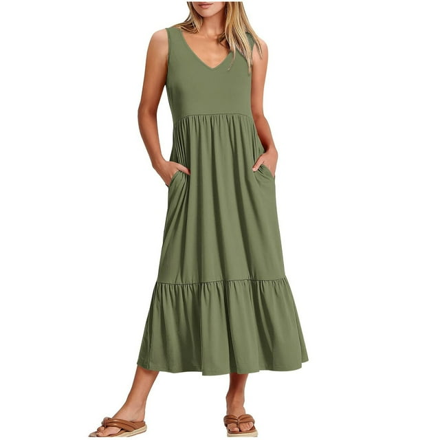 Robes d'Été pour Femmes 2023 Mode Féminine Robe Sans Manches à Col en V avec Poches Solides et Patchwork, Robe de Soirée Élégante et Chic en Liquidation